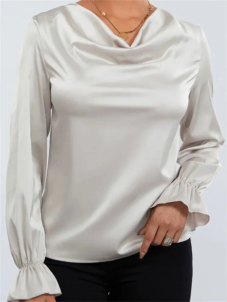 Women's Elegant OL Long Sleeve Solid Color Ruched Low Cut Neck Formal Party Tops Blouse