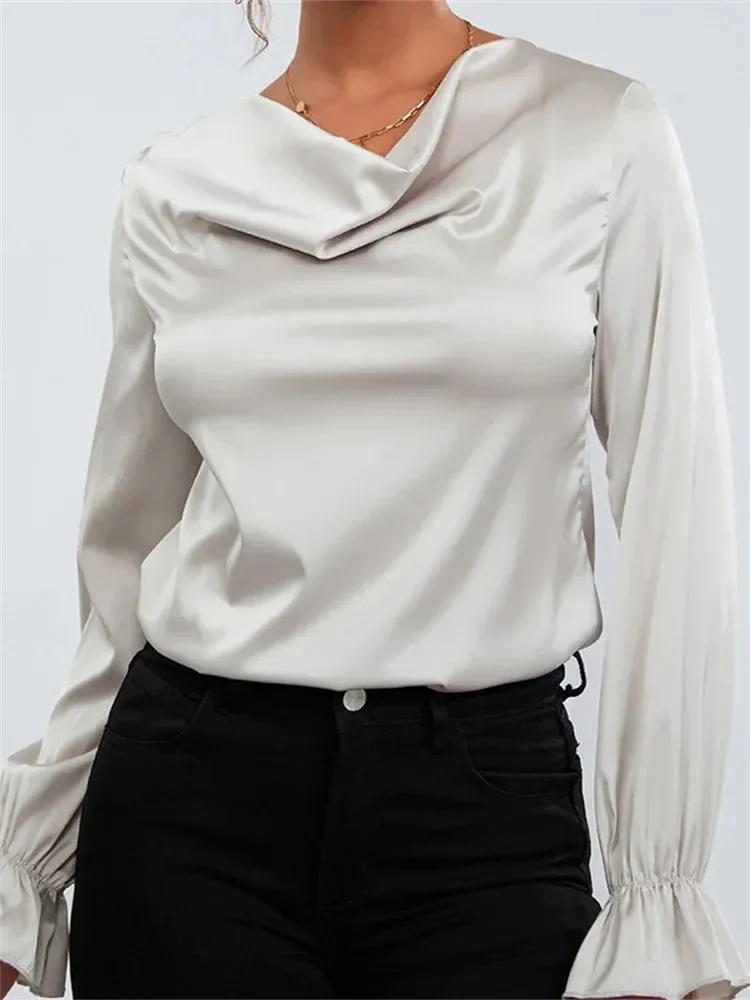 Women's Elegant OL Long Sleeve Solid Color Ruched Low Cut Neck Formal Party Tops Blouse