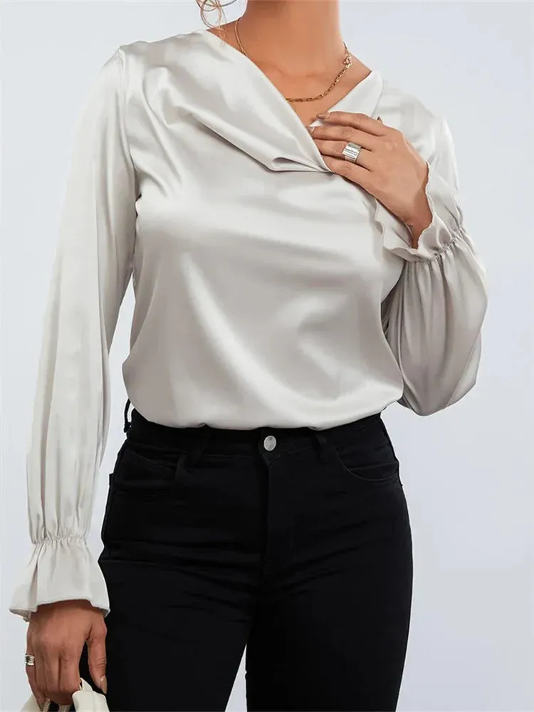 Women's Elegant OL Long Sleeve Solid Color Ruched Low Cut Neck Formal Party Tops Blouse