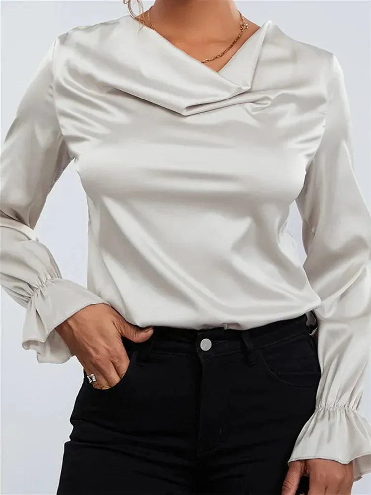 Women's Elegant OL Long Sleeve Solid Color Ruched Low Cut Neck Formal Party Tops Blouse