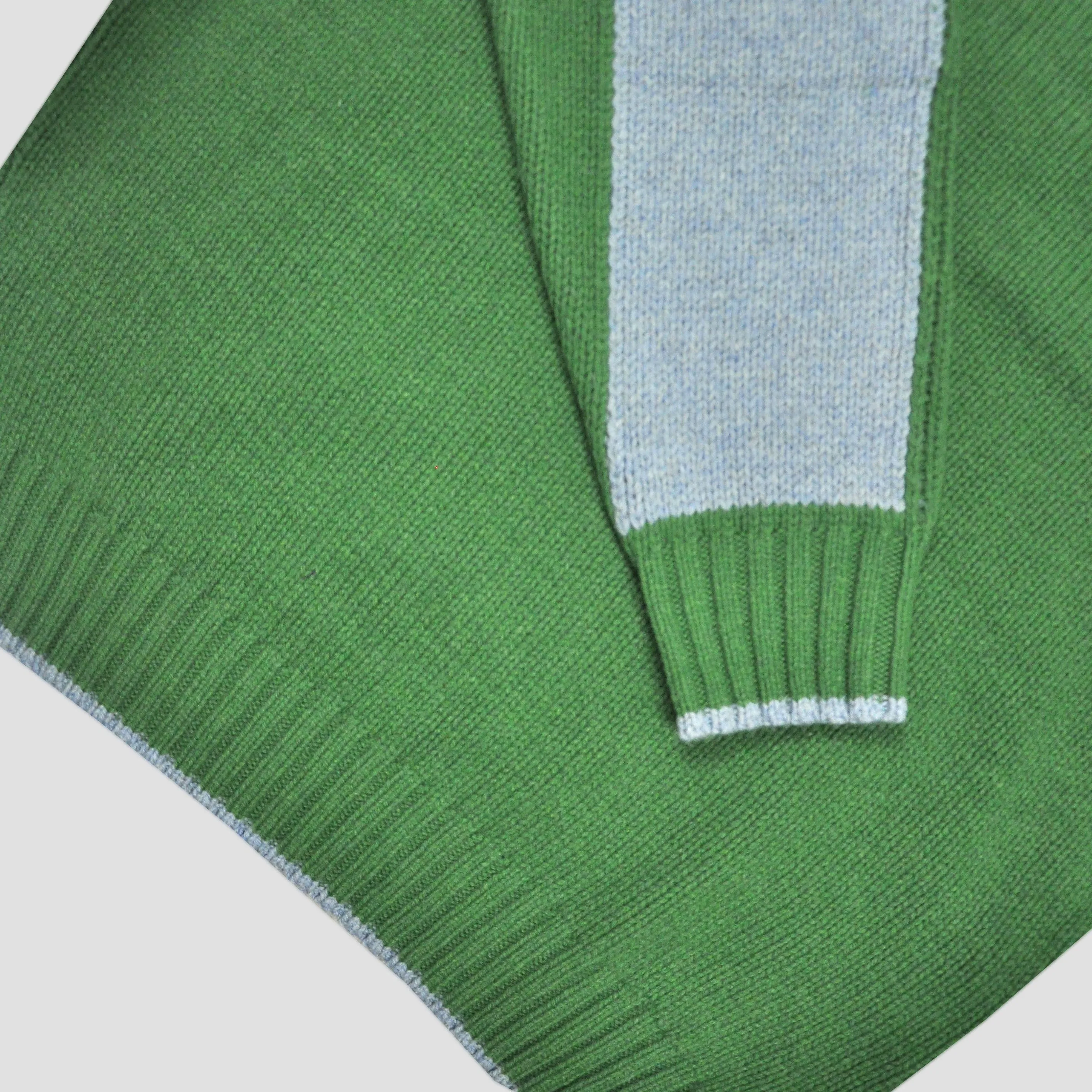 Yak's Wool Crew Neck Jumper in Lawn Green with Sky Blue Trim