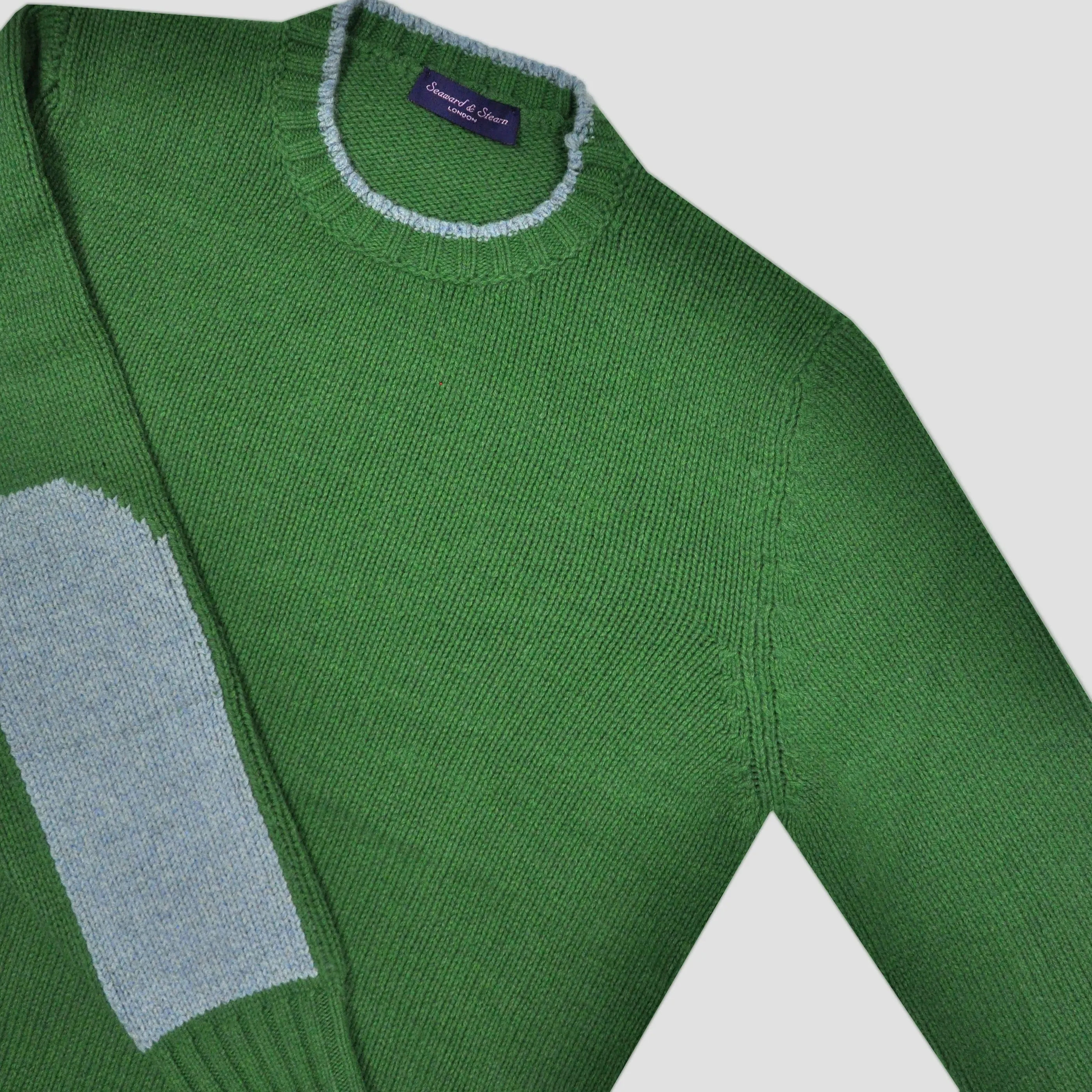 Yak's Wool Crew Neck Jumper in Lawn Green with Sky Blue Trim